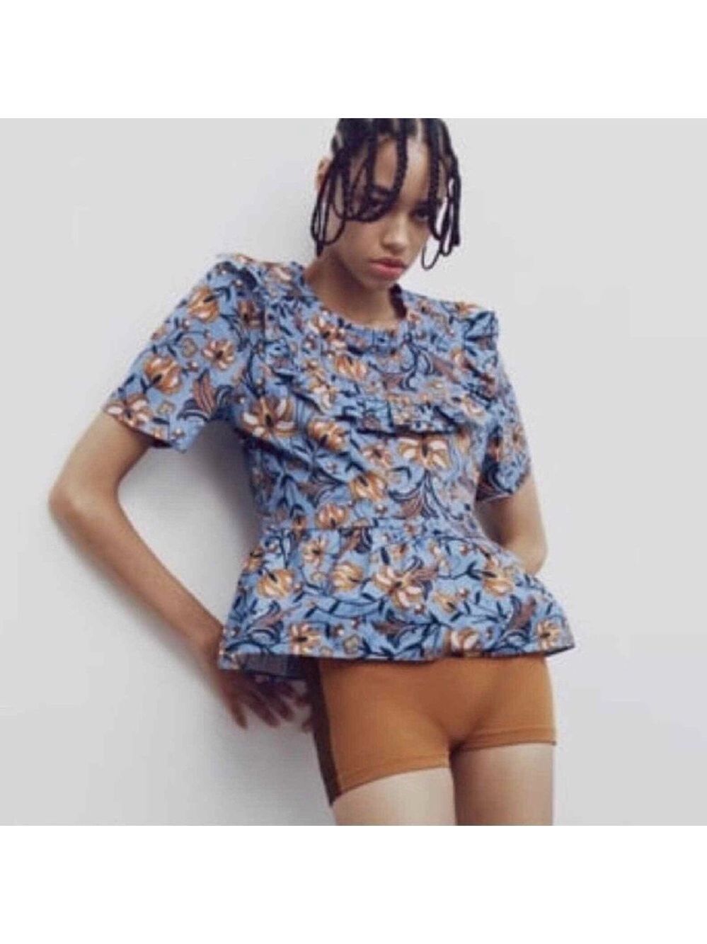 Zara Floral Short Sleeve Peplum Cotton Top
